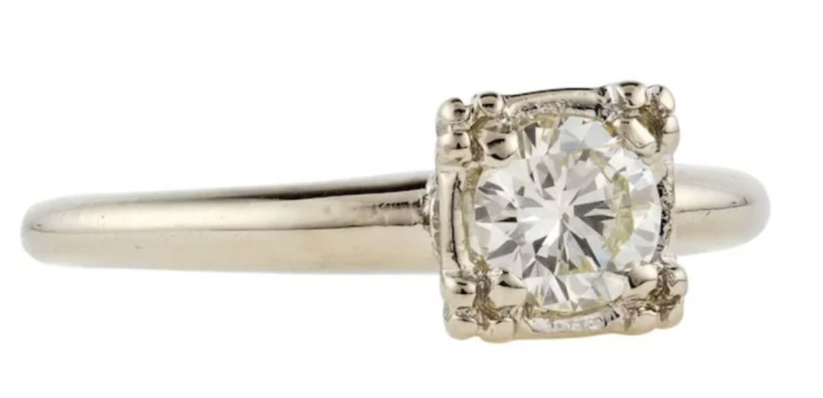 A 1940s engagement ring  is a beauty of simplicity:  a brilliant-cut diamond  crafted in 14 karat  white gold; $1,550.