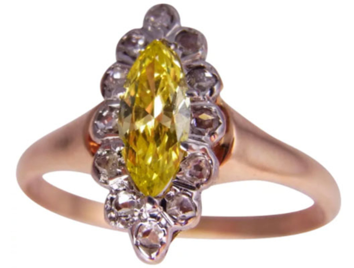 This late Georgian ring, circa 1840, fits in with a trend for 2022: yellow-diamond engagement rings. The sparkling marquis-cut center canary diamond is surrounded by fine rose-cut diamonds; $18,292.