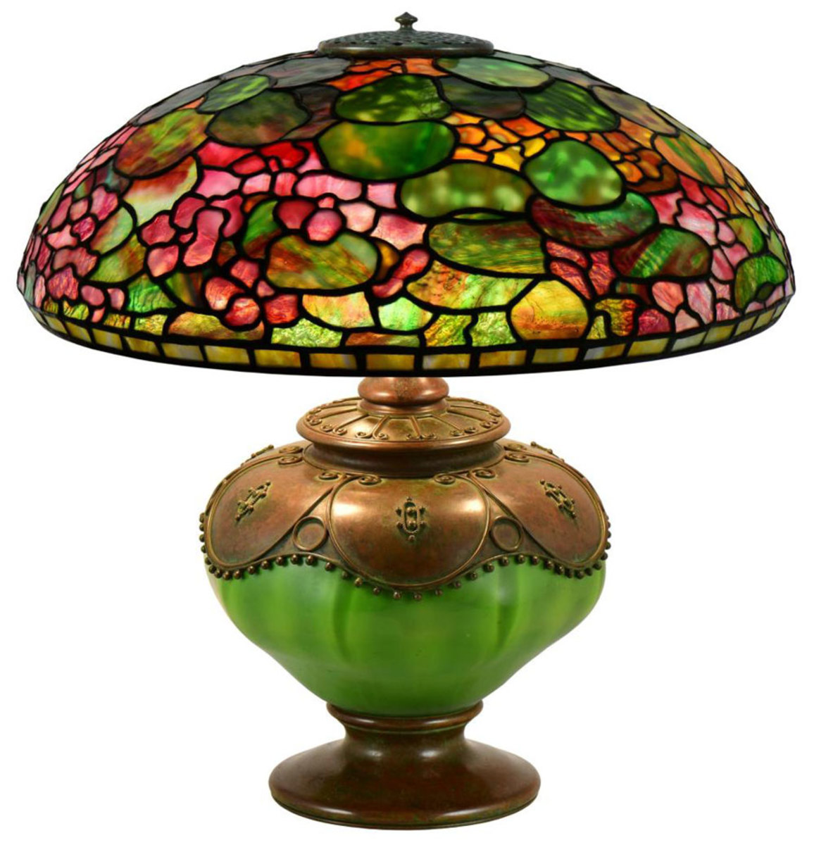 Tiffany Studios "Nasturtium" table lamp, circa 1905, leaded glass, patinated bronze shade signed twice, one being an early tag impressed "Tiffany Studios New York," oil canister impressed "Tiffany Studios, New York, 28644" with the Tiffany Glass & Decorating Company monogram, 20" h, 20" diameter (shade); estimate: $80,000-$120,000.