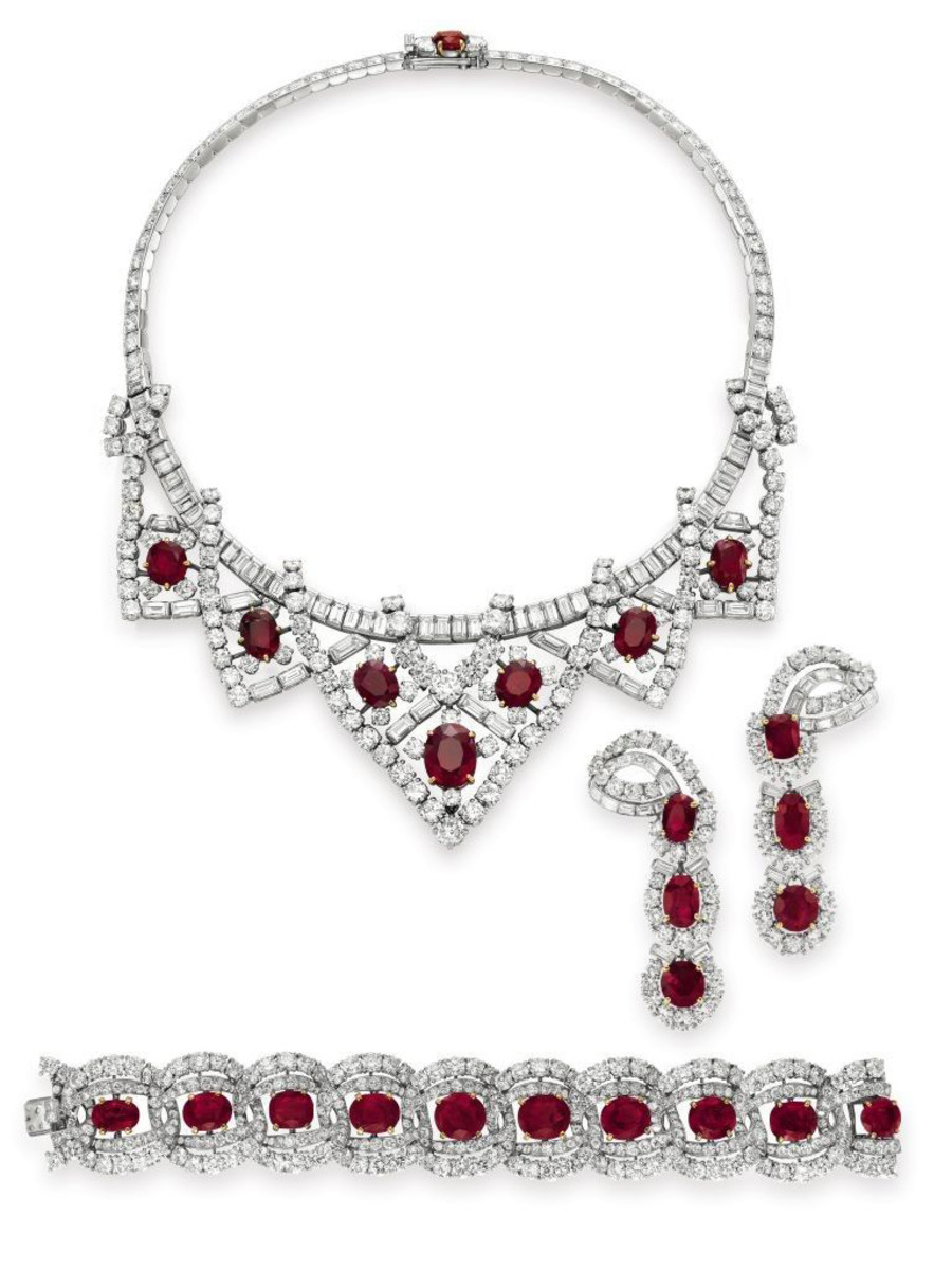 The ruby suite gifted by Mike Todd: The necklace sold for $3.7 million, the earrings for $782,500 and the bracelet for $842,500.