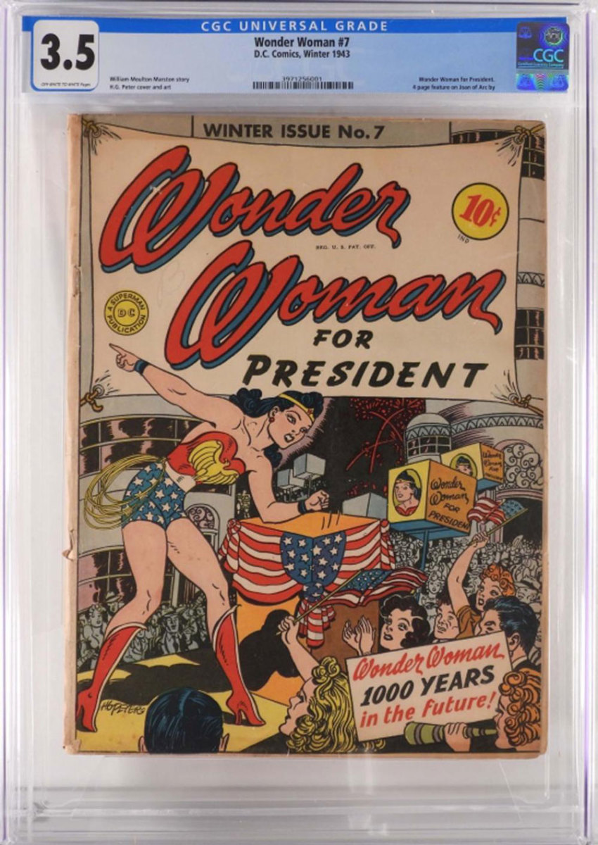 D.C. Comics' Wonder Woman #7 (Winter, 1943), featuring a “Wonder Woman for President” story and cover with art by H.G. Peter; estimate: $4,000-$6,000.