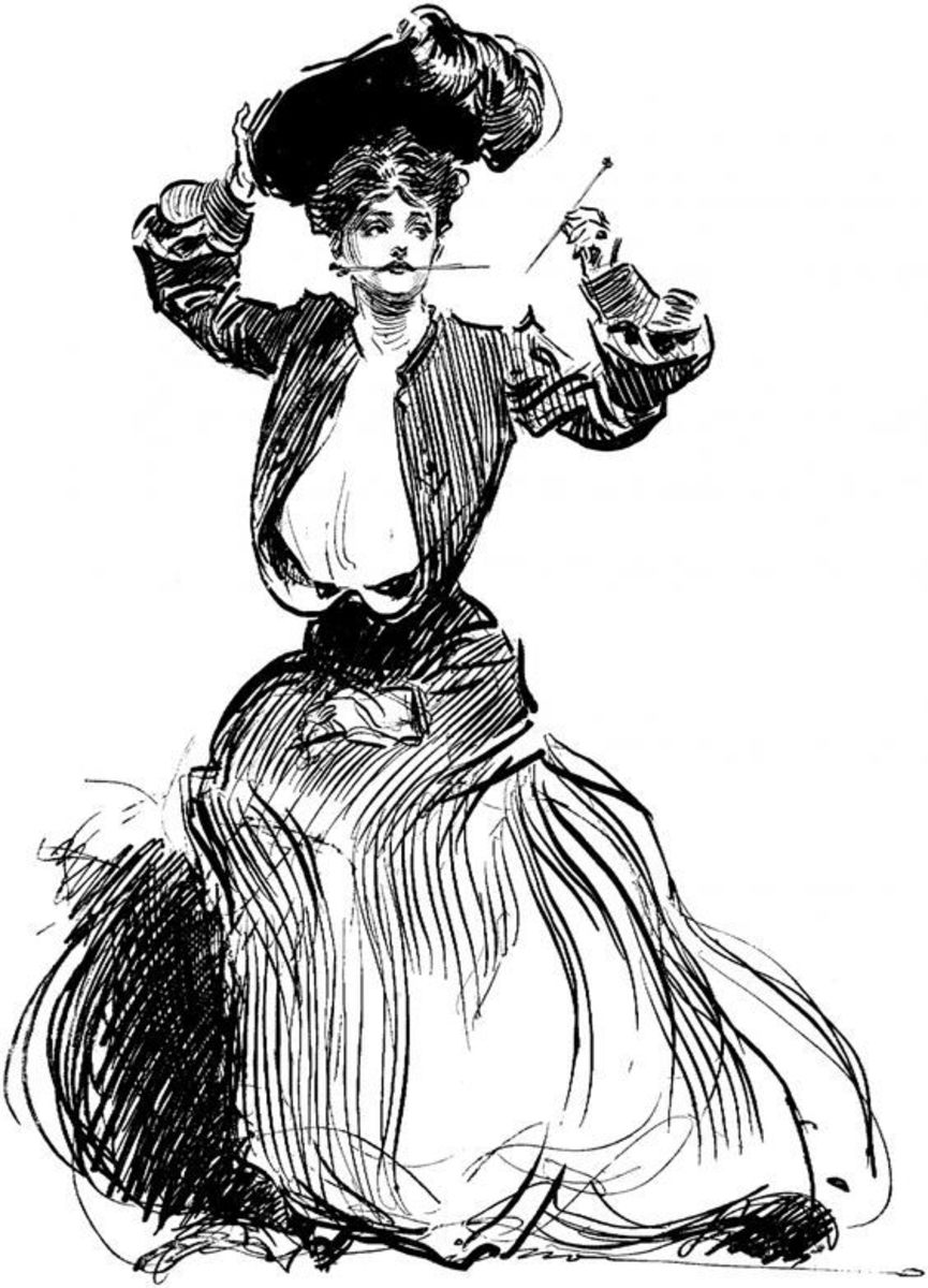 The iconic Gibson Girl, drawn by Charles Dana Gibson, pinned her hair up on her head, with hatpins to keep her hat in place.