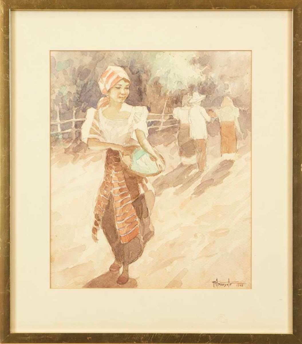 Framed Fernando Amorsolo (1892-1972) watercolor depicting a woman carrying a basket walking on a dirt road with figures in the background. Signed and dated (1948) lower right. Pre-auction estimate: $50,000-$100,000