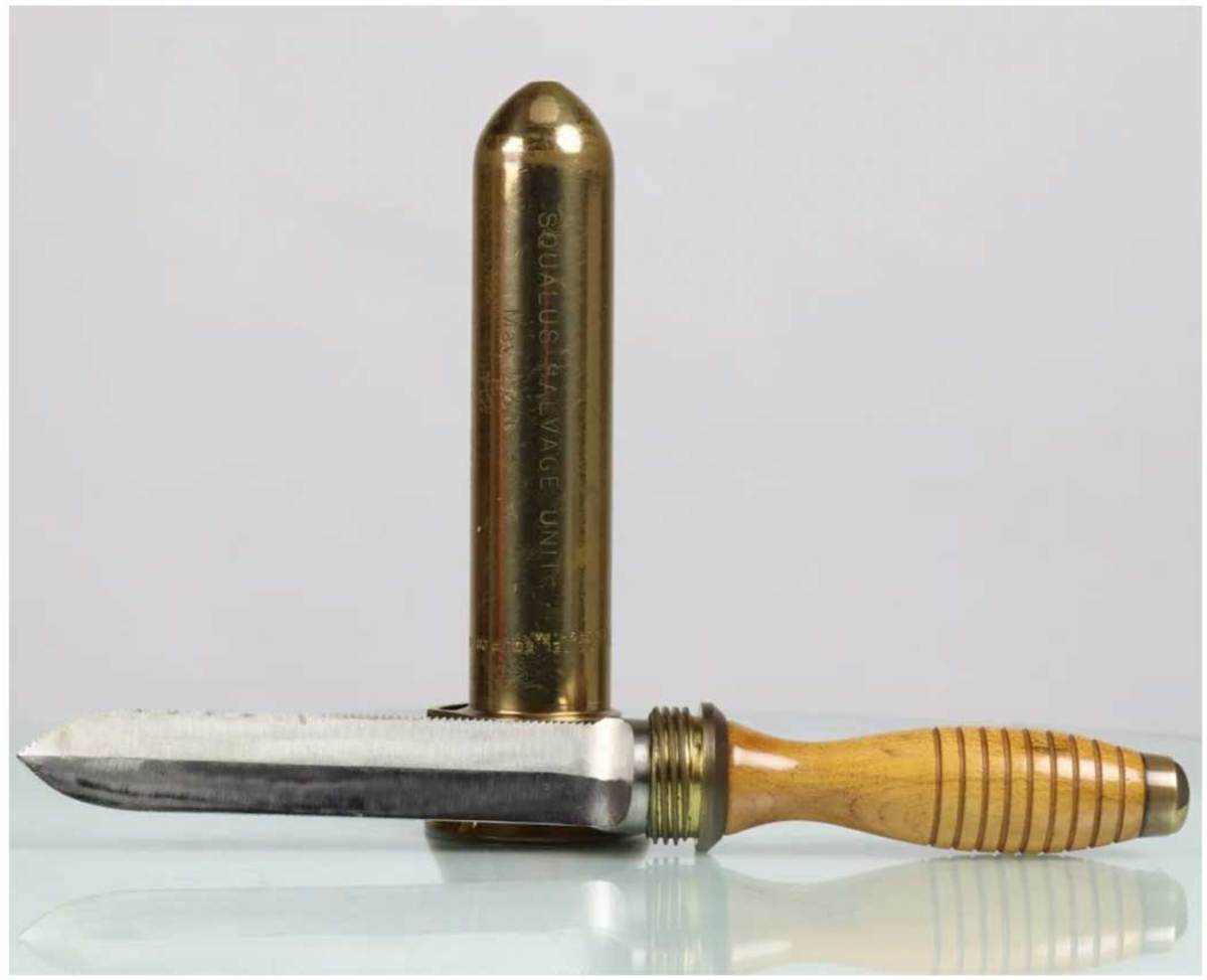 Historic U.S. Navy knife presented to Squalus salvage diver Francis H. O'Keefe who was onboard the Falcon, the primary rescue ship carrying divers, equipment and the diving bell that would bring 33 Squalus crew members to the surface. O'Keefe was awarded the Navy Cross for his bravery and service in helping with the rescue. Pre-auction estimate: $1,000-$4,000.