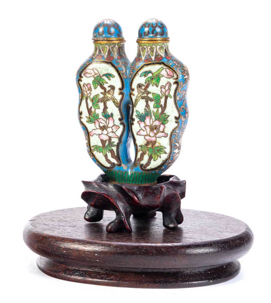 Antique twin body brass and enamel snuff bottle with display stand. 