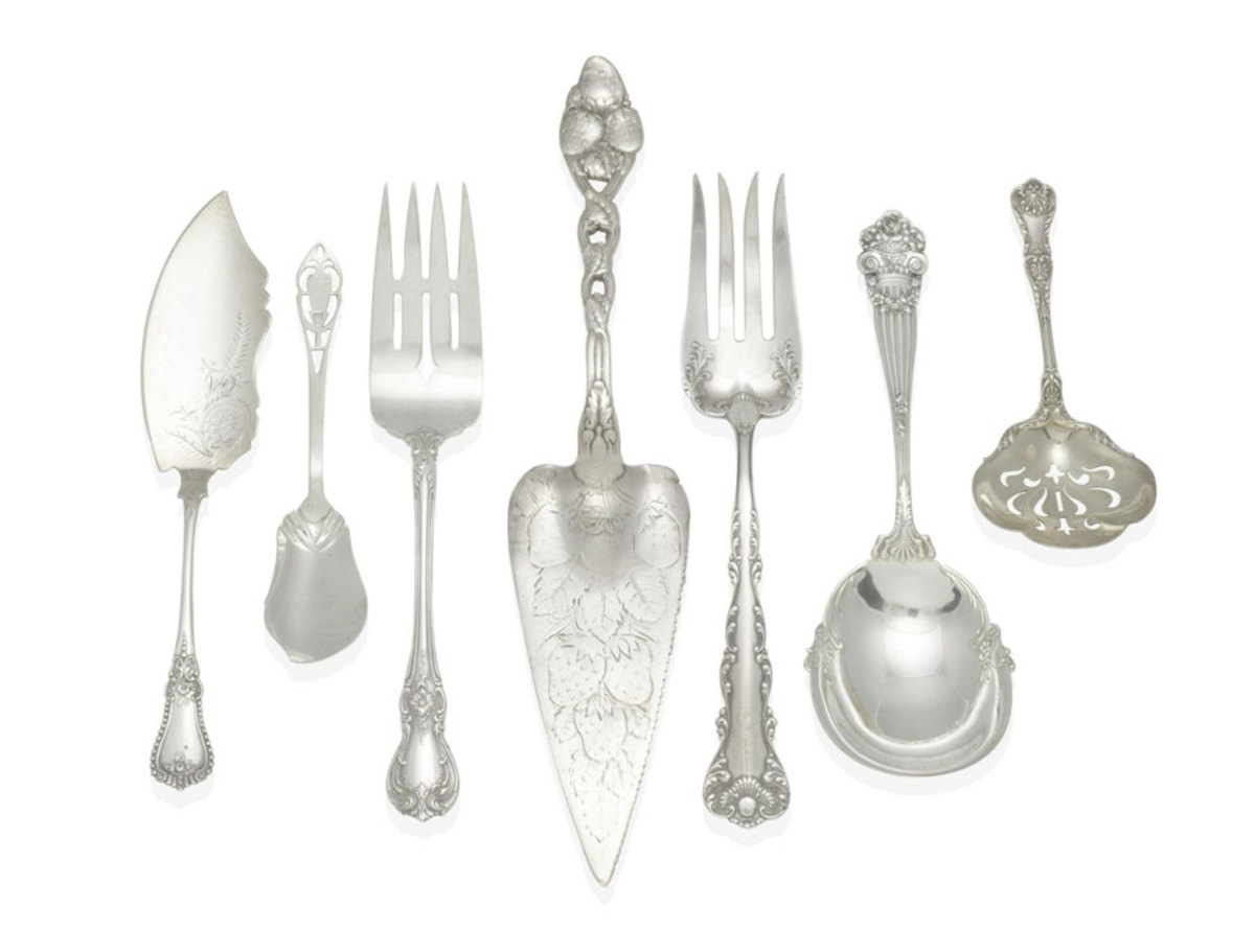 Silver also made a comeback in 2021 with the 60-80 age group, including flatware. These are several pieces from a 47-piece lot of American sterling silver flatware by various makers, 19th-20th centuries; $1,500.
