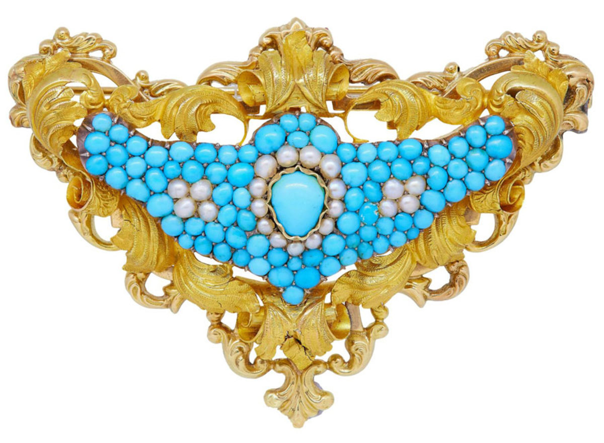Period jewelry, including Victorian pieces, is popular with the 40-60 age group. Victorian turquoise and pearl brooch with an openwork scrolling design, $435.