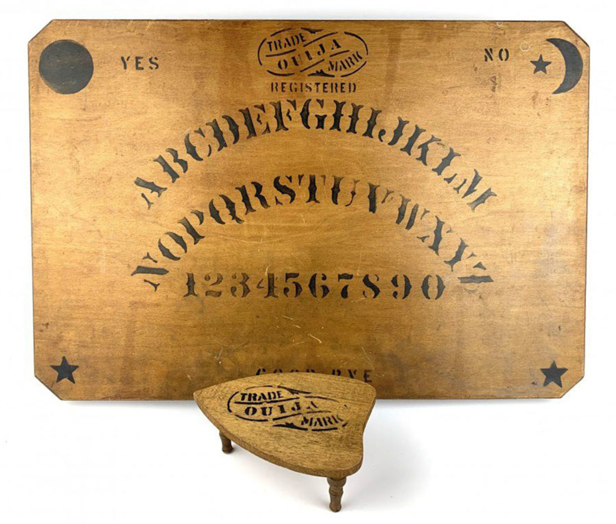 Board games are particularly in demand with the 20-40 age group, including Chutes and Ladders, Risk and Ouija boards. Victorian folk art 19th century Ouija board with matching planchette. Made around the turn of the century, stamped pattern on old corner cut plywood; $750.