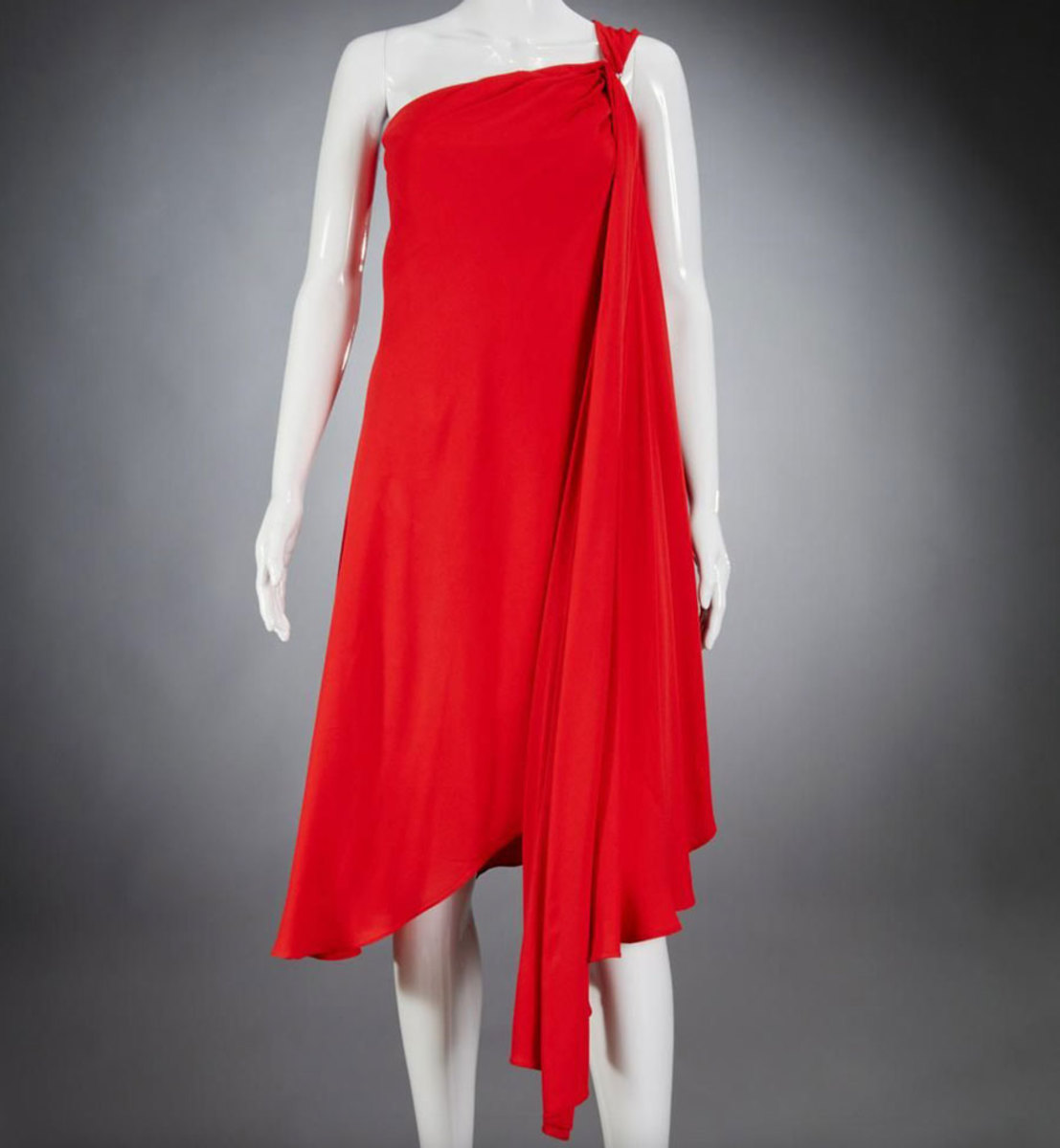 Textiles is the No. 1 trend in the 40 to 60 age group, including vintage clothing by Chanel, Halston and Missoni. This Halston red one-shoulder cocktail dress, c. 1970s, has an iconic draped silhouette with cascading sleeve, $450.