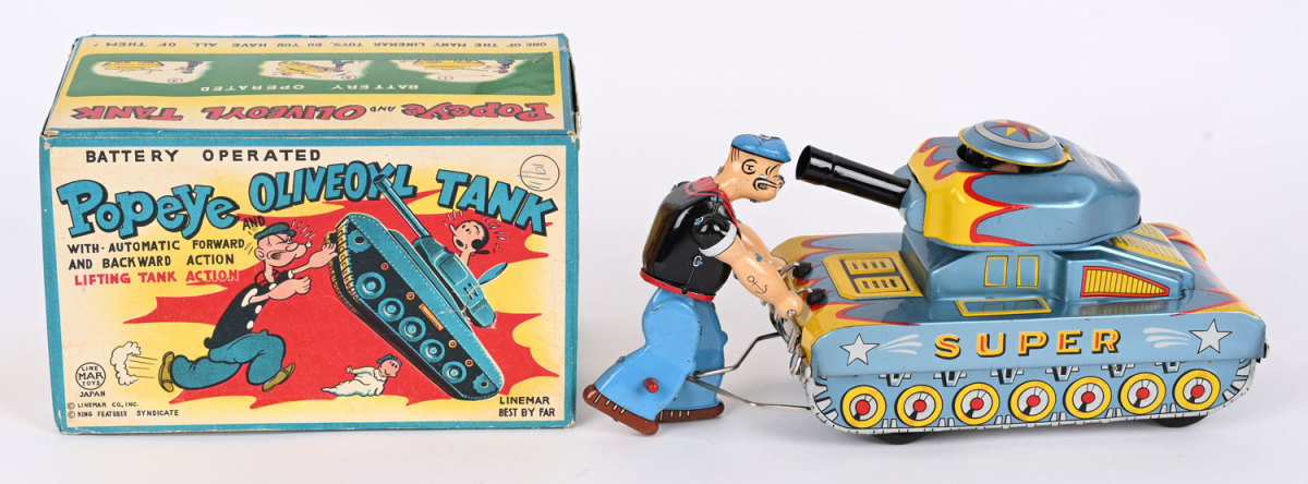 Linemar Japan battery-operated Popeye and Olive Oyl Tank, 11", with extremely rare original box; estimate: $30,000-$40,000.
