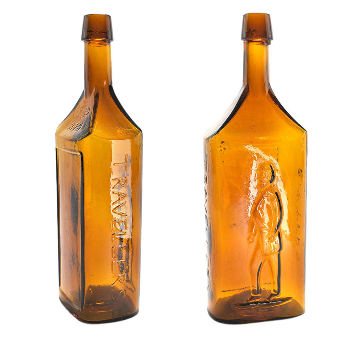 Traveller’s Bitters bottle, circa 1834-1870, with motif of a walking man in the likeness of General Robert E. Lee; estimate: $8,000-$12,000.