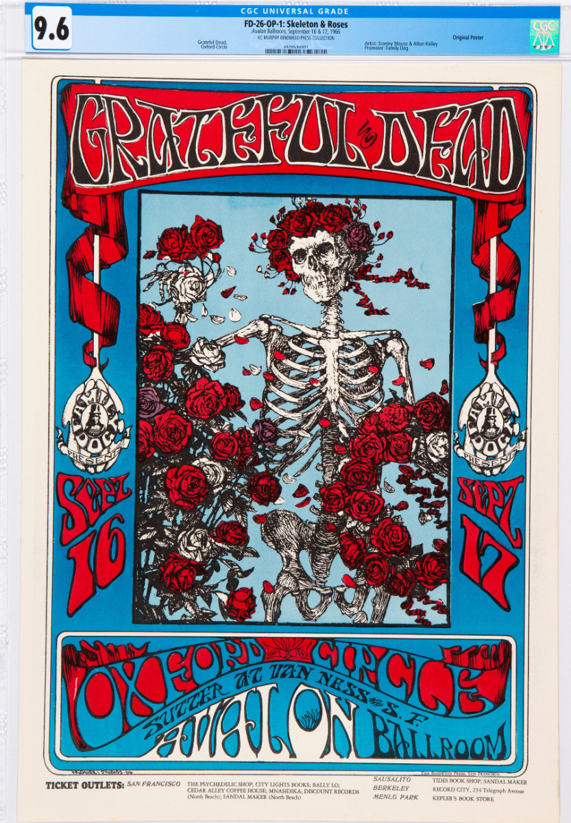 A near-mint example, this “Skeleton and Roses” poster made for the Grateful Dead’s Sept. 16 and 17, 1966, concerts sold for a record $137,500.