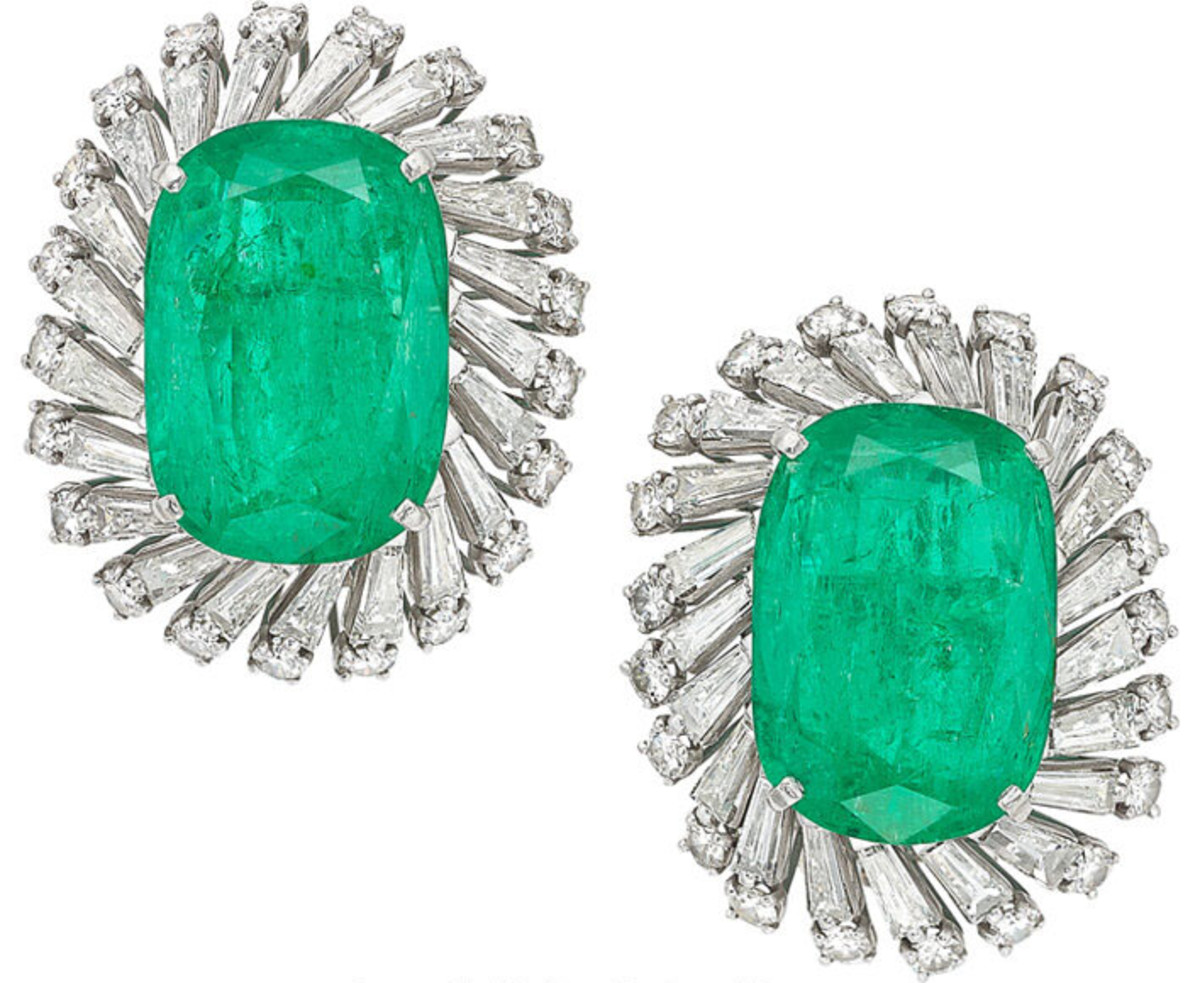 Actress Mitzi Gaylor once wore these Colombian emerald and diamond brooches; estimate: $40,000-$60,000.