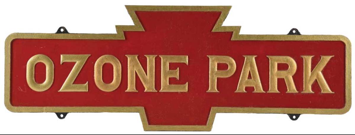 Cast iron station sign from the Long Island Railroad/Pennsylvania Railroad for Ozone Park, a neighborhood in Queens, New York. Value: $10,800
