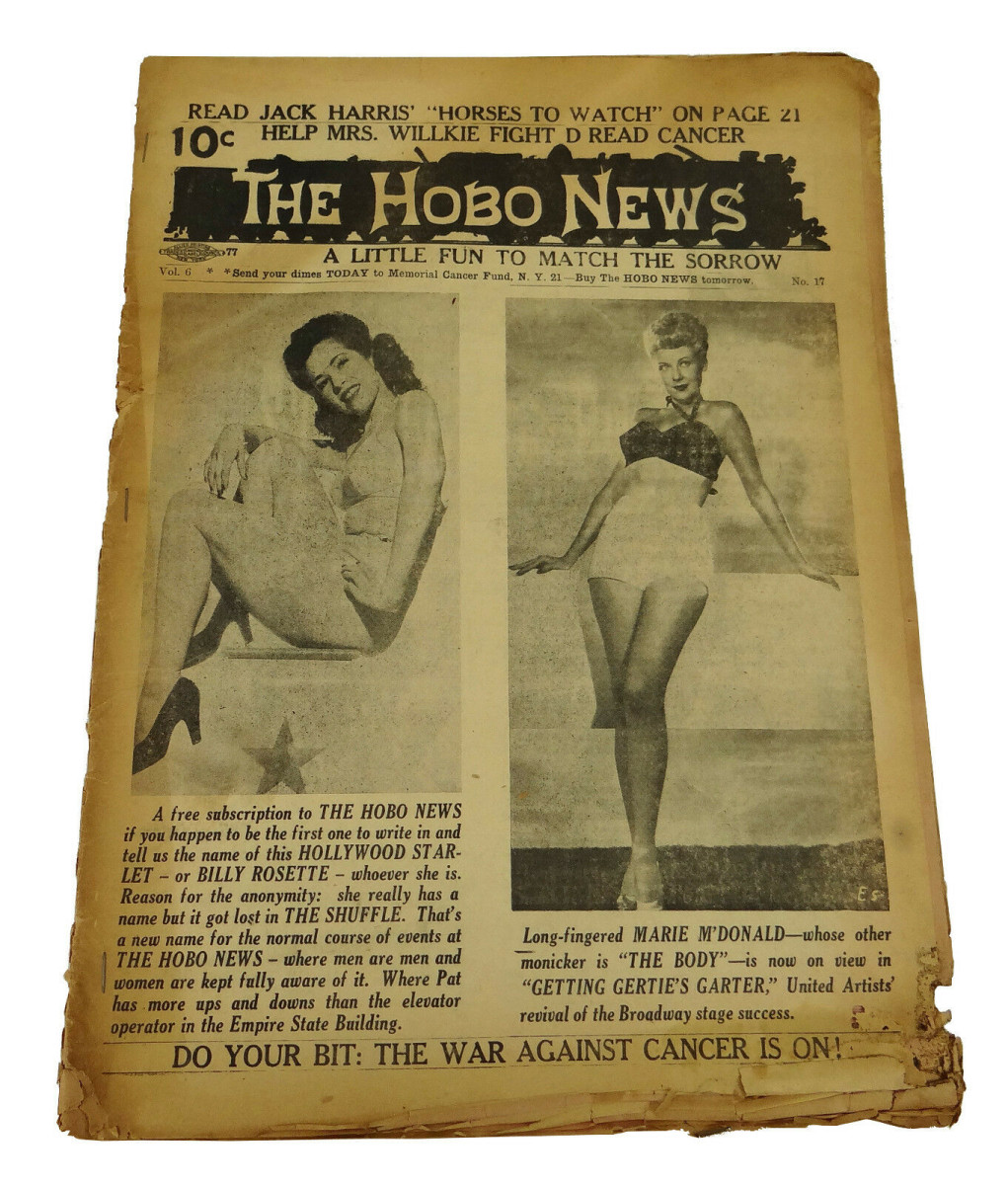 A copy of The Hobo News, 1946. Pin-ups were a common feature  of the tabloid. This was recently offered on eBay for $400.