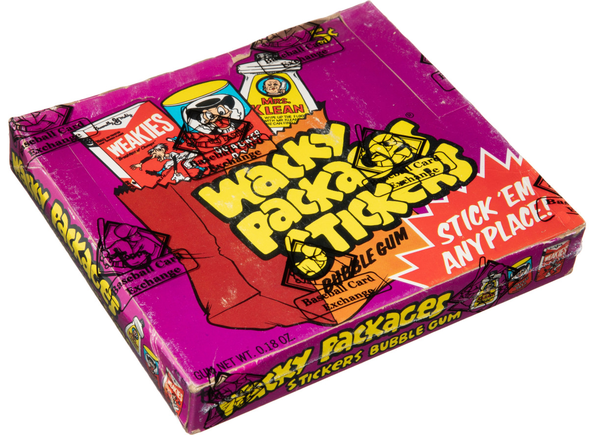 The Holy Grail  for fans, this  1973 complete set  of Topps Wacky  Packages Stickers,  Series 1, wax box of  48 unopened packs,  sold at Heritage Auctions  for a whopping $49,000.