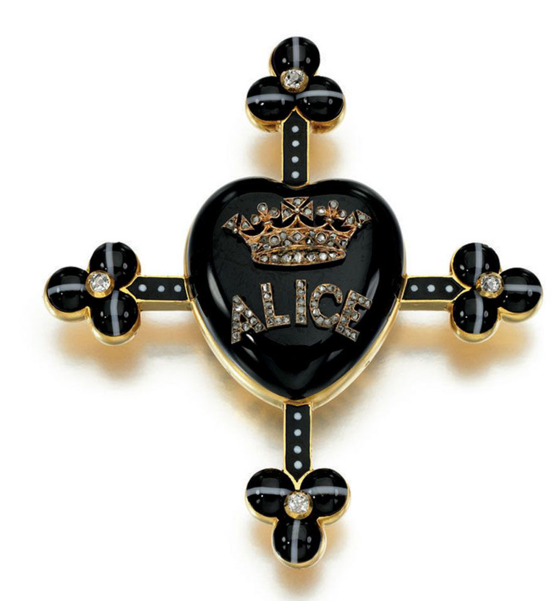 One of Queen Victoria’s mourning pieces honoring her daughter, Alice: onyx, banded agate, enamel and diamond pendant circa 1878, centering on an onyx heart with Alice beneath a coronet, and a glazed compartment containing a lock of hair, shown below. This sold at auction for $34,821.