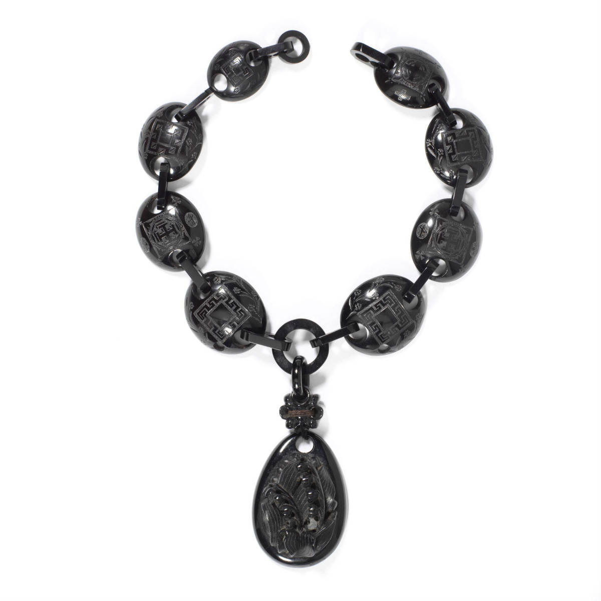 Ebony carved watch chain with french jet beads
