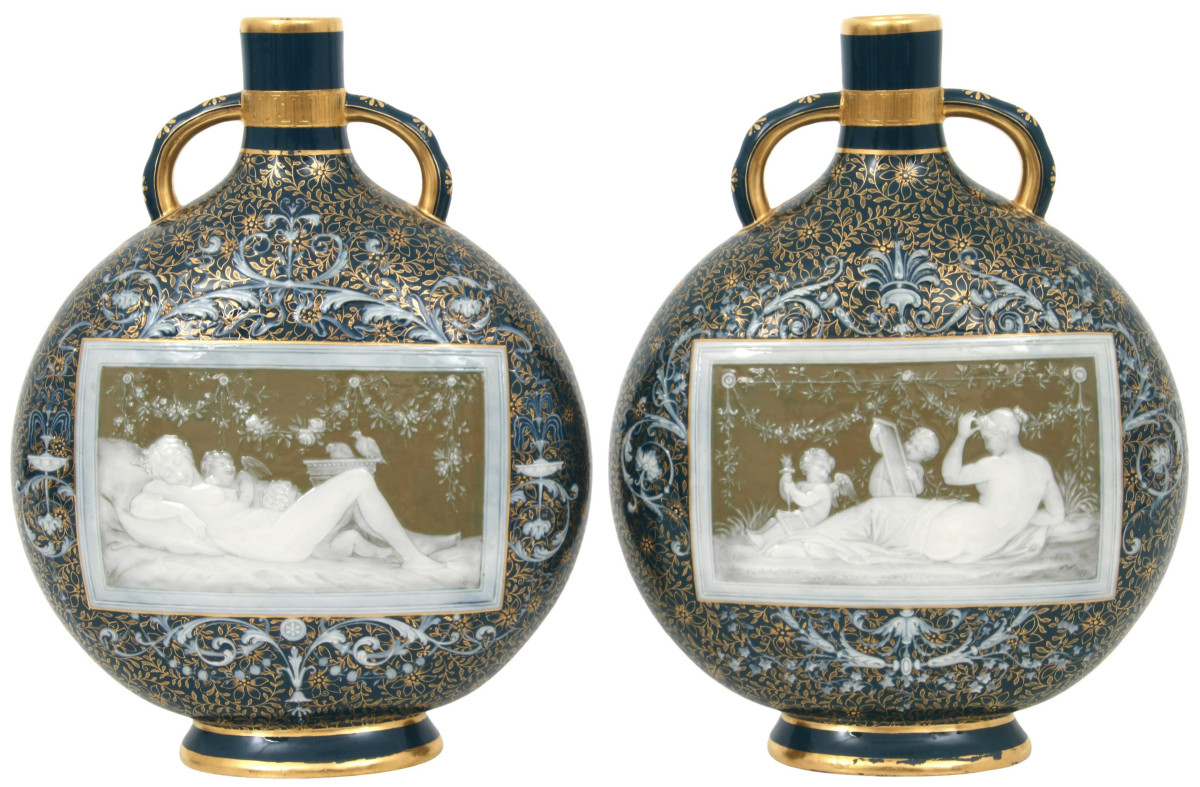 One of the Day 2 highlights on May 29 is this pair of Mintons Pate-Sur-Pate vases, circa 1900, porcelain, each with gilt and impressed marks, 10” x 7-1/2” x 3-3/4”; estimate: $1,500-$2,500.