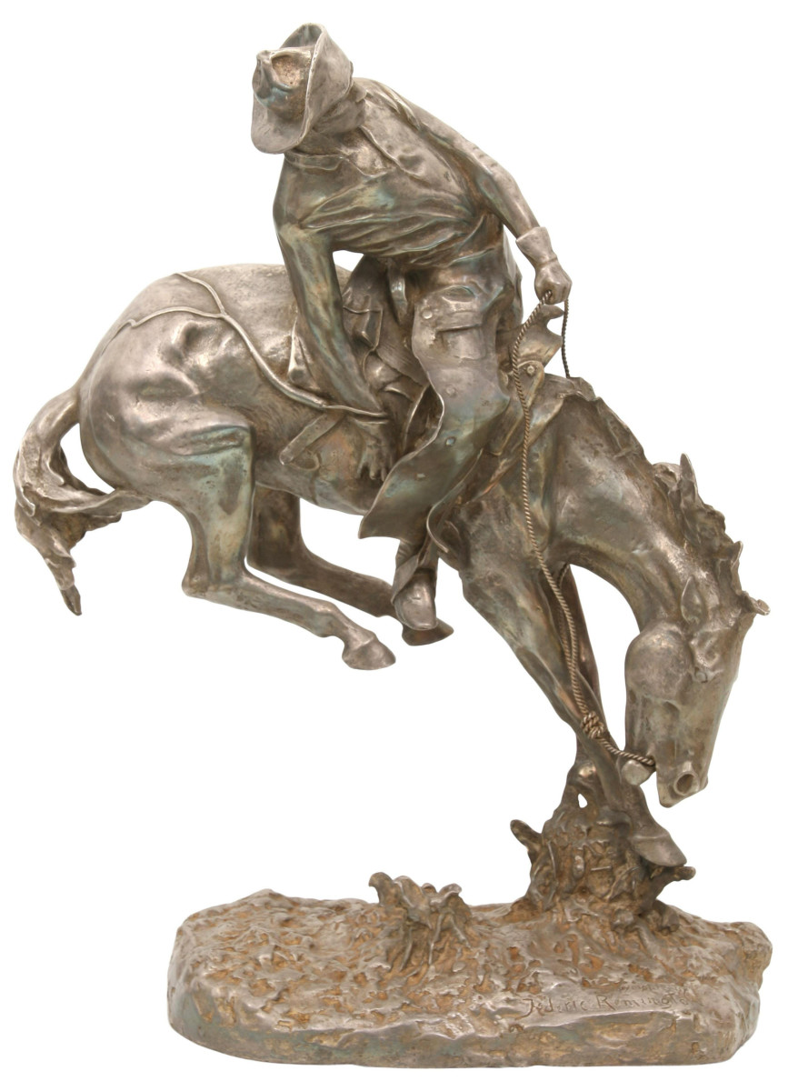 Another highlight in Day 1's auction is this silver sculpture after Frederic Remington, marked on the base “Copyright by Frederic Remington”; inscribed on a tag “The Outlaw, Authorized by: The Frederic Remington Art Museum, Produced by: Silversmiths Group USA, Cast by: Maiden Foundry – 2001, Contains 1000+ ozt .999 fine silver, Registration number 6/1000;” 21-1/2” x 16” x 8.” Estimate: $20,000-$30,000.
