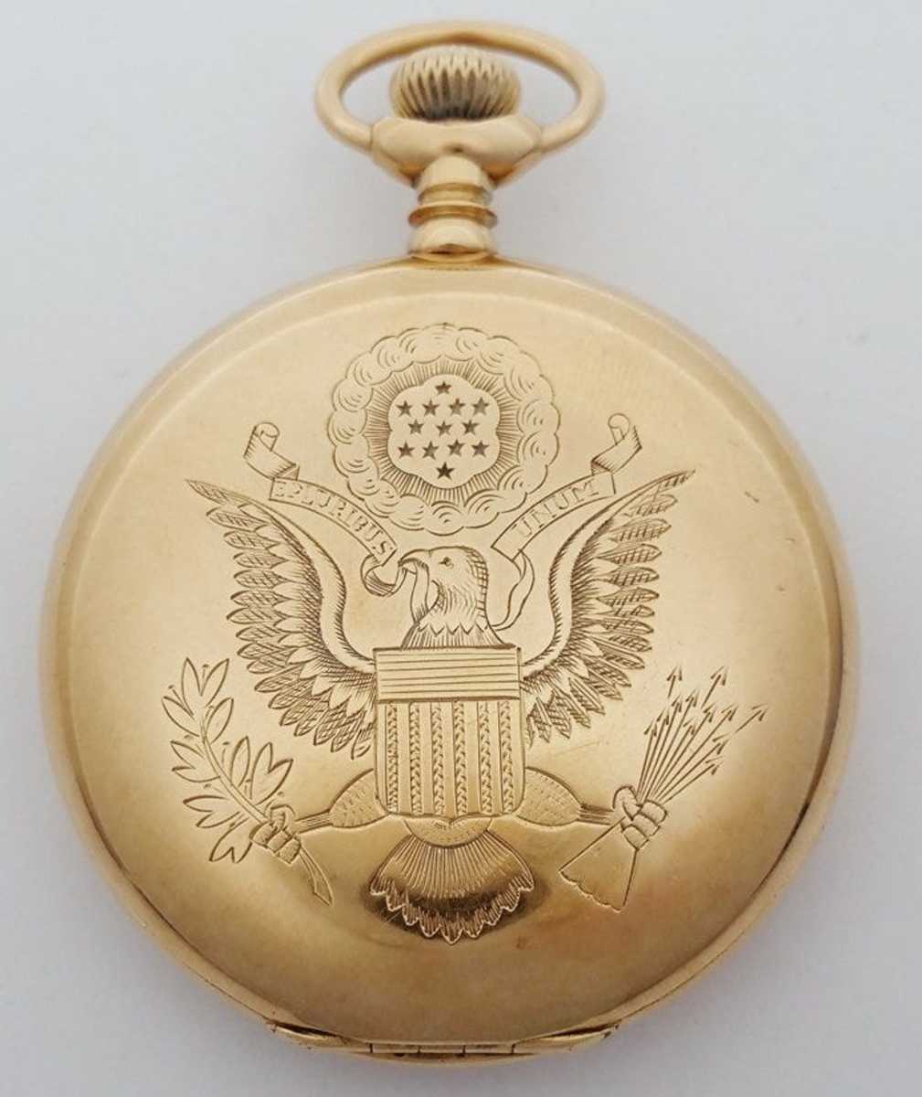 Rare Presidential Seal Waltham 14k gold 23J 16s Maximus Shipwreck Award pocket watch, circa 1900s, inscription in cuvet reads, "From The President of The United States Captain Chr. Christensen of the Danish Steamship Generalconsul Pallisen in recognition of his humane services in effecting the rescue. Oct 4th 1908 of the Captain and crew of the American Schooner George Sturgis wrecked at sea"; estimate: $6,000-$8,000.