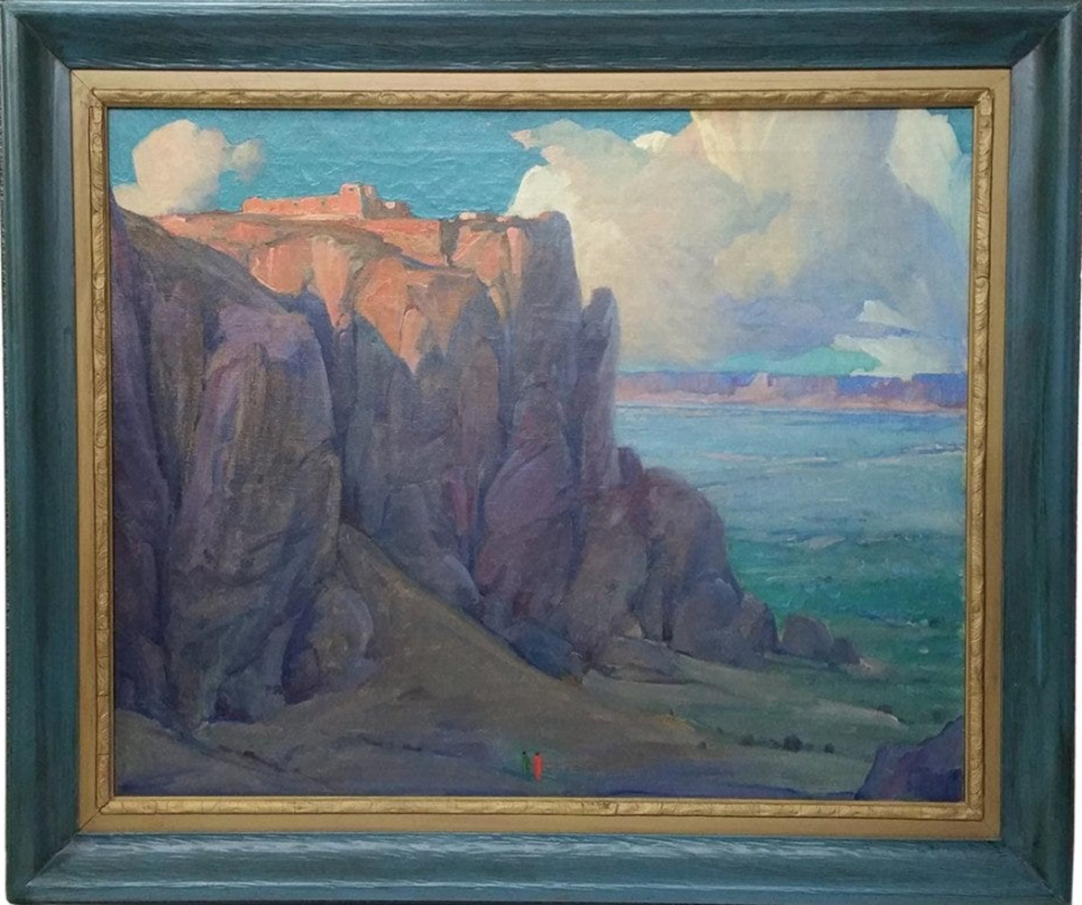 Oil-on-canvas painting titled, "Acoma Cathedral of the Desert, New Mexico," by Arts and Crafts California impressionist Gerald Cassidy, circa 1924, image is 26" x 32", with frame 39-1/2" x 33-1/2"; estimate: $120,000-$125,000.