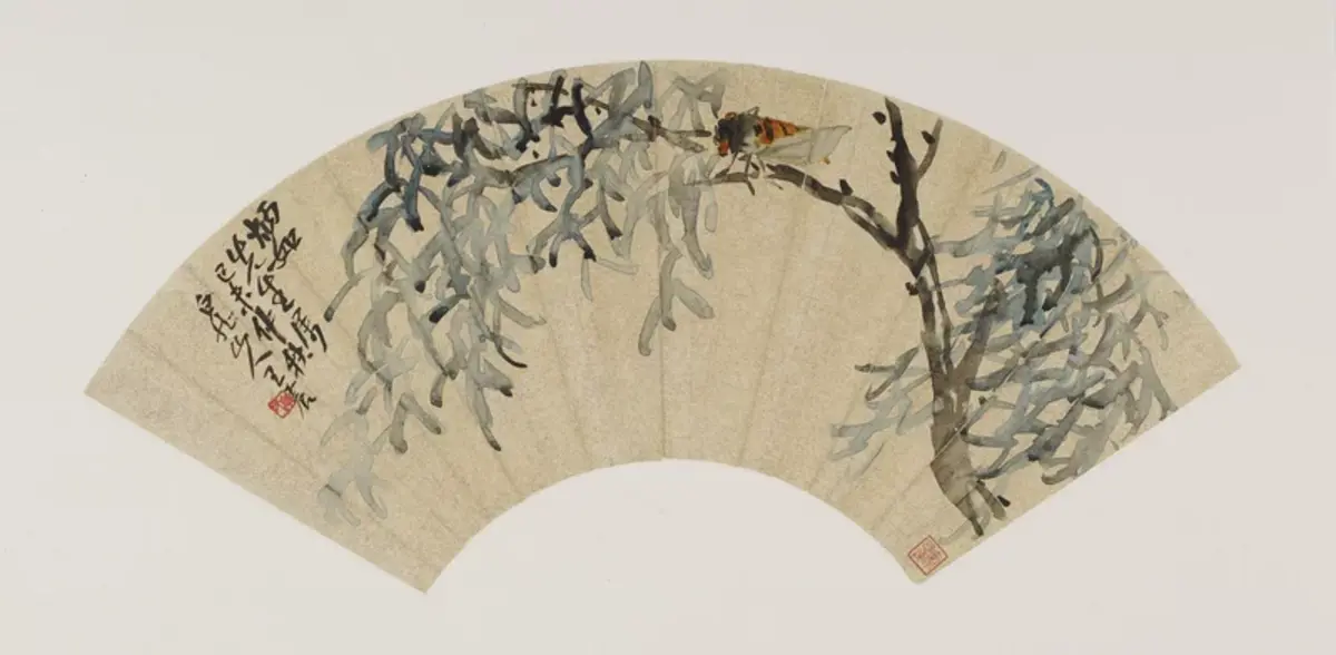 Cicada on tree branch; Wang Zhen (1867–1938); China, modern period, autumn 1919; fan mounted as album leaf; ink on gold-flecked paper; Gift of Robert Hatfield Ellsworth in honor of the 75th Anniversary of the Freer Gallery of Art.