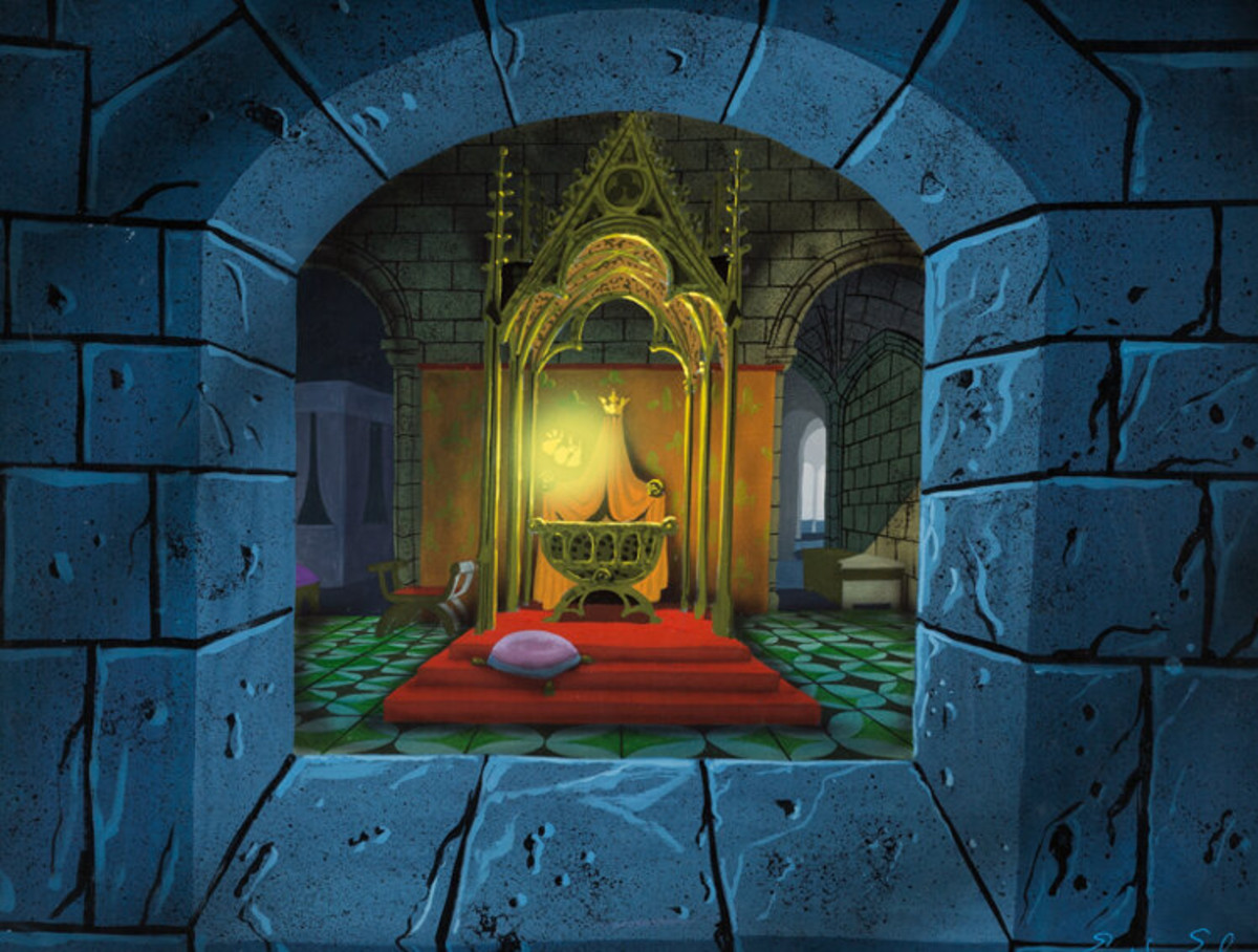 One of Eyvind Earle's "Sleeping Beauty" artworks offered is Princess Aurora's Cradle with 3 Good Fairies concept painting (Walt Disney, 1959), with an estimate of $25,000+.