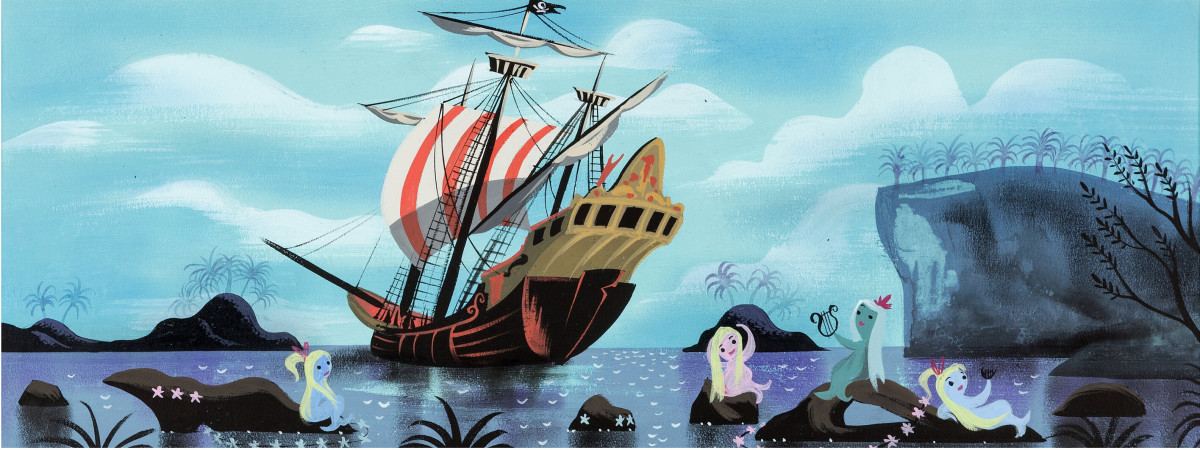 Mary Blair's Peter Pan Mermaids and Jolly Roger Pirate Ship concept painting, 1953, has an estimate of $15,000+.