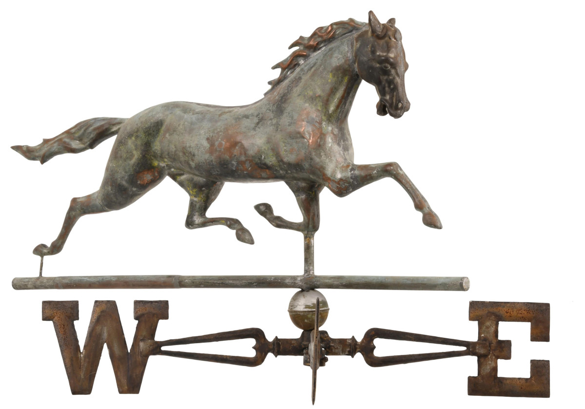 American copper and zinc horse weathervane, 19th century,  28” x 36” x 42”; est: $1,500-$2,500.