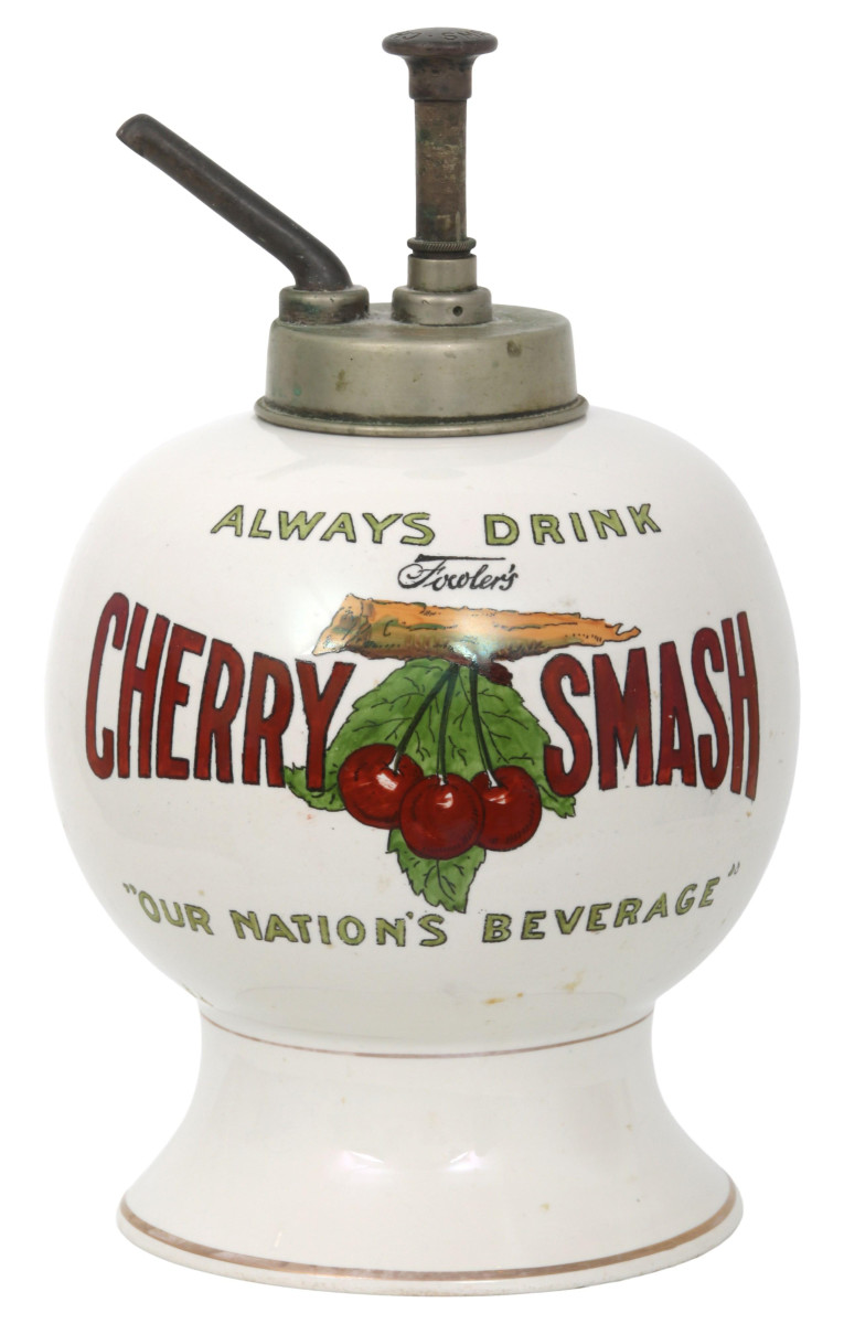 Fowler’s Cherry Smash syrup dispenser, early 20th century, with the original pump, inscribed “Property of John E. Fowler, Richmond, VA, To Be Used for Cherry Smash Only,” 15” h; est: $1,500-$2,500.