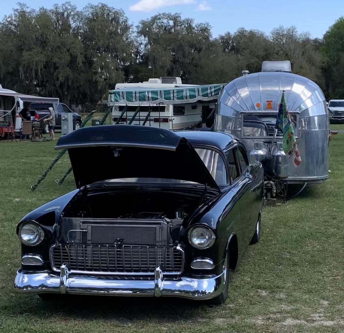A 1957 Airstream owned by Roger and Bev Reger of Lakeland, Florida, is staged with the Regers’ 1955 Chevrolet 150 Business Coupe. Many vintage trailer owners are also into vintage automobiles.