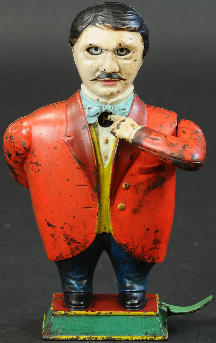 Cast-iron "Alphabet Man," aka "The Yankee Schoolmaster," early educational toy of unknown manufacture, but undoubtedly American and one of the finest examples known, 10-1/2" h. Estimate" $20,000-$30,000.