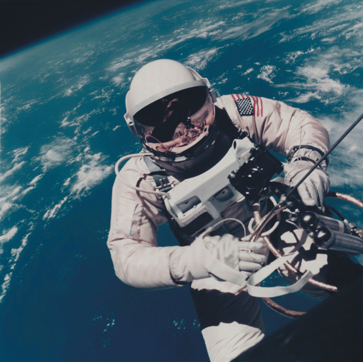 During Gemini IV (June 3-7, 1965) Astronaut Ed White became the first American to venture outside his spacecraft for what is officially known as an extravehicular activity, or EVA. The world has come to know it as a spacewalk. In the following years, it was a skill that allowed Apollo explorers to walk on the moon and American astronauts and their partners from around the world to build the International Space Station. White floated outside the capsule attached by an umbilical cord tether providing oxygen and communications from the spacecraft while inside Astronaut Jim McDivitt took pictures. The photograph sold for $3,250.