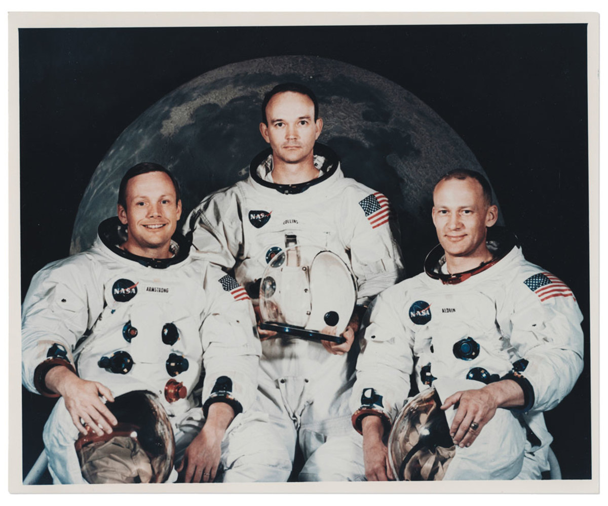 The crew of Apollo 11, the first explorers of another world (from left): Neil Armstrong, Commander; Michael Collins, Command Module Pilot; and Edwin “Buzz” Aldrin, Jr., Lunar Module Pilot. Armstrong became the first person on the moon July 20, 1969. The photo sold for $1,125.