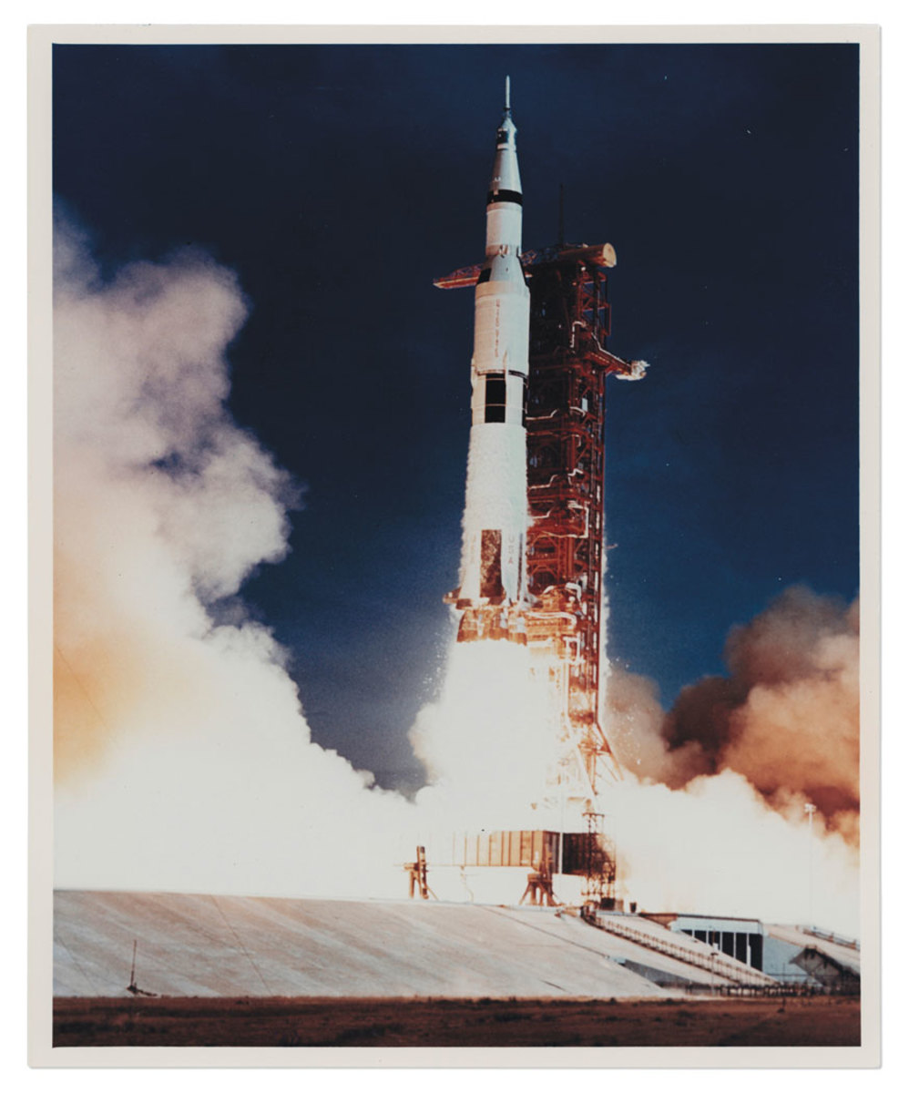 The historic liftoff of Apollo 11, the first manned moon landing mission from Kennedy Space Center in Florida, July 16, 1969. The photograph sold for $1,875.