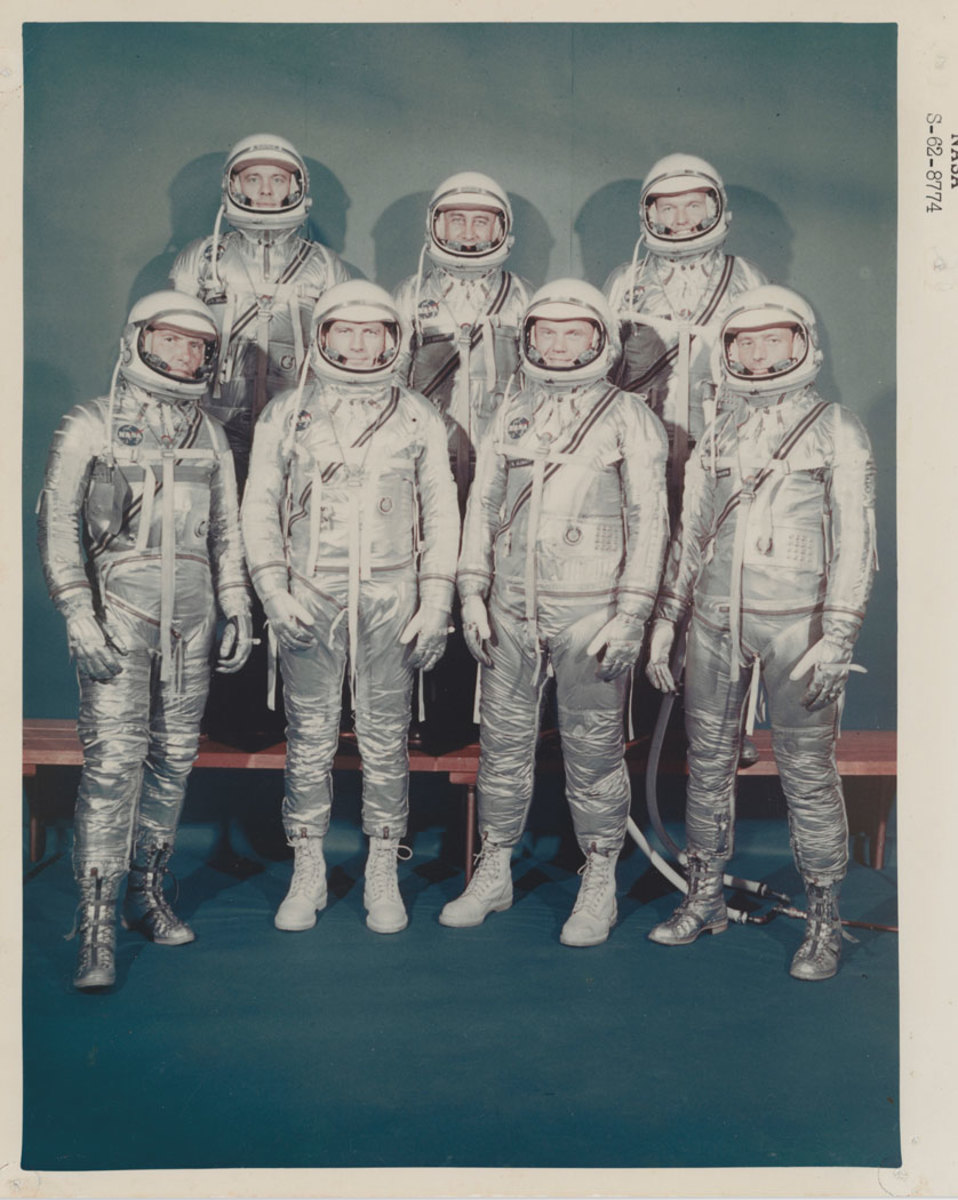 In July of 1960, photographer Ralph Morse captured this portrait of the original seven Mercury astronauts in their pressure spacesuits for LIFE magazine. Front row (from left): Walter Schirra, Donald “Deke” Slayton, John Glenn and Scott Carpenter; back row (from left): Alan Shepard, Virgil “Gus” Grissom and Gordon Cooper. The seven were later immortalized in Tom Wolfe’s best-selling book, The Right Stuff (1979). The photograph sold for $750.