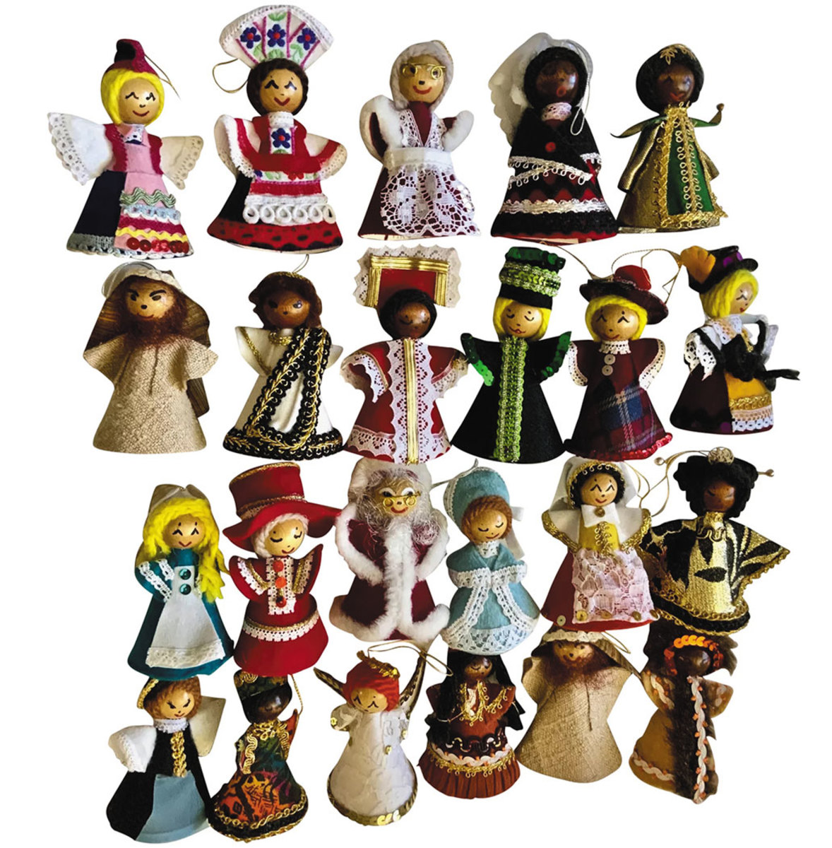Ornament dolls representing Africa, Bali, Hungary, Japan, Scotland, Thailand, and more: