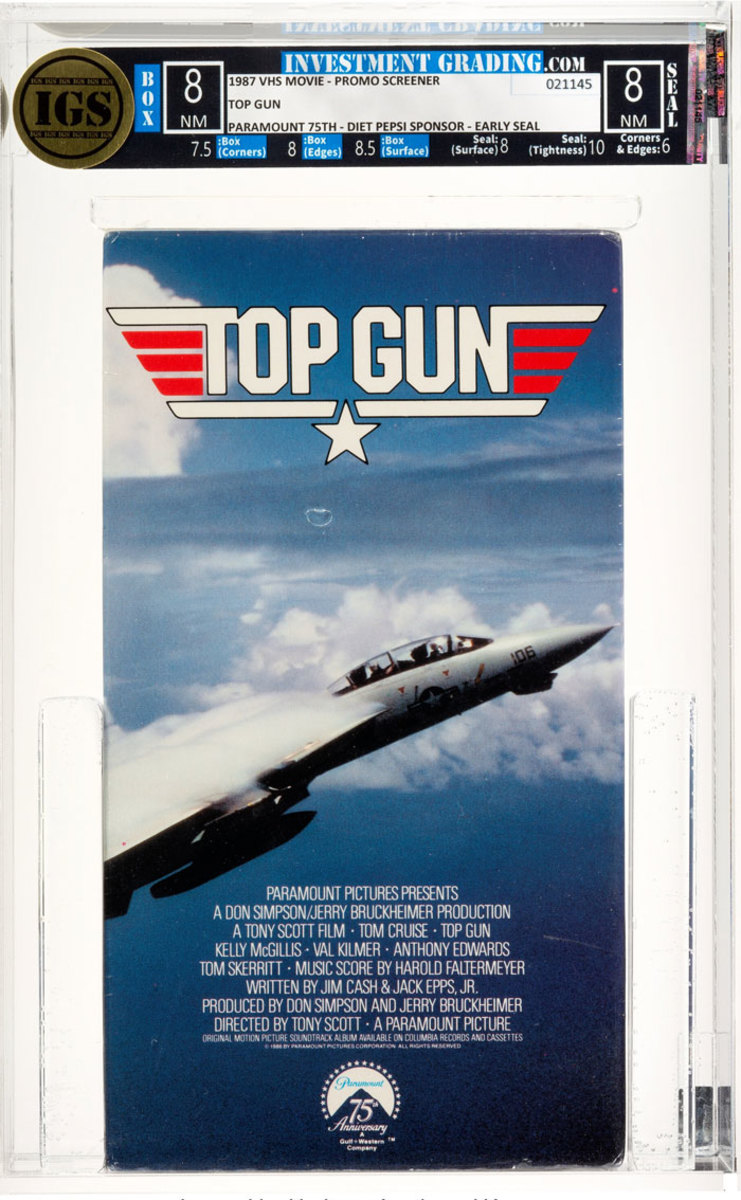 A dogfight broke out over this near-mint copy of "Top Gun" with a promotional offering from Diet Pepsi; the winning bidder got it for $17,500. This is one of the movies that defined the videocassette era, the summer of 1986 … and now the summer of 2022, with "Top Gun: Maverick," which, as of June 14, was the highest-grossing movie of 2022 after soaring past $400 million at the domestic Box Office.