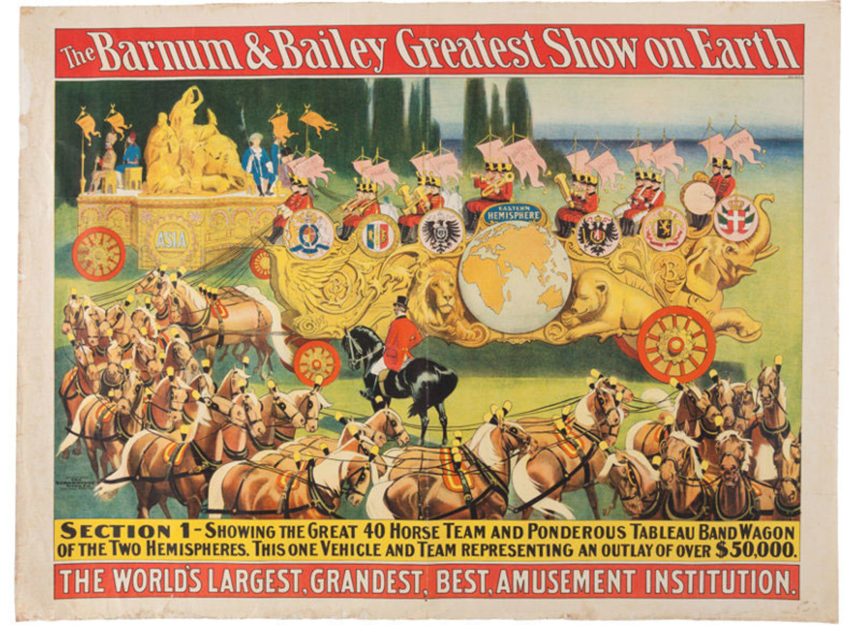 This colorful and rare 1903 Barnum & Bailey Circus poster features the "Two Hemispheres" Bandwagon debut in the grand parade held to celebrate the return home of the "Greatest Show on Earth" after the circus' triumphal five-year world tour. Printed by the Strowbridge Litho Company of Cincinnati, this sold at auction in 2016 for $2,500.