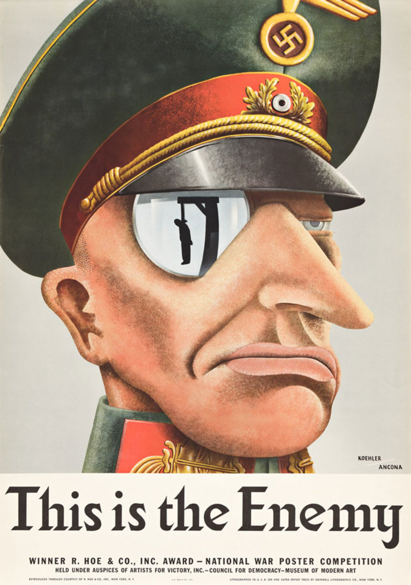 Karl Kohler and Victor Ancona, "This is the Enemy," 1942. The design, featuring the horrifying scene of a hanging reflecting in the monocle of this high-ranking member of Germany's military, won the National War Poster Competition of 1942.