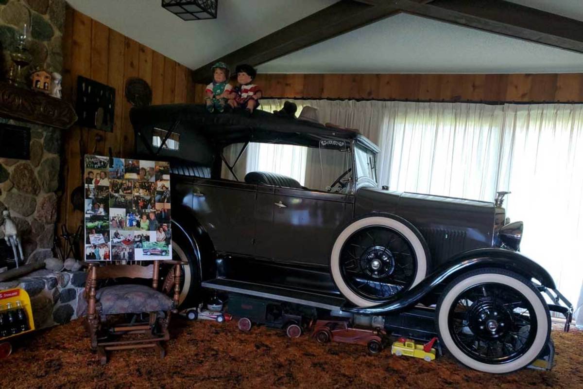 Bernadette thought the 1929 Ford Model A Phaeton was pretty enough to have in the house. So, that's where Elmer parked it.  