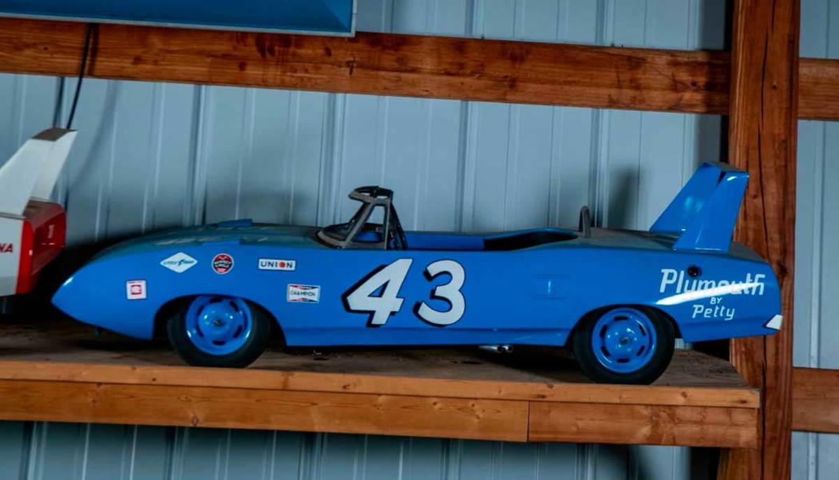 A custom-built, 1970 Richard Petty Plymouth Superbird Pedal Car, commissioned by Elmer Duellman, sold for $47,200 