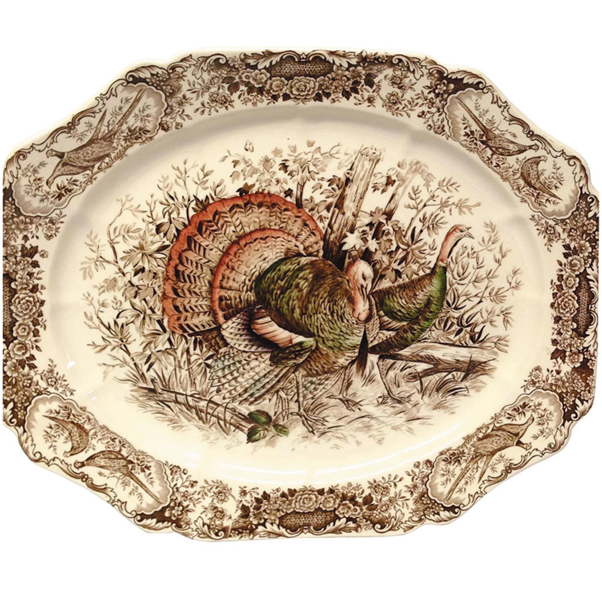 Wild Turkeys Brown, Native American 17” platter is one of several highly collectible Johnson Bros turkey patterns produced between 1951 and 1974: $249. 