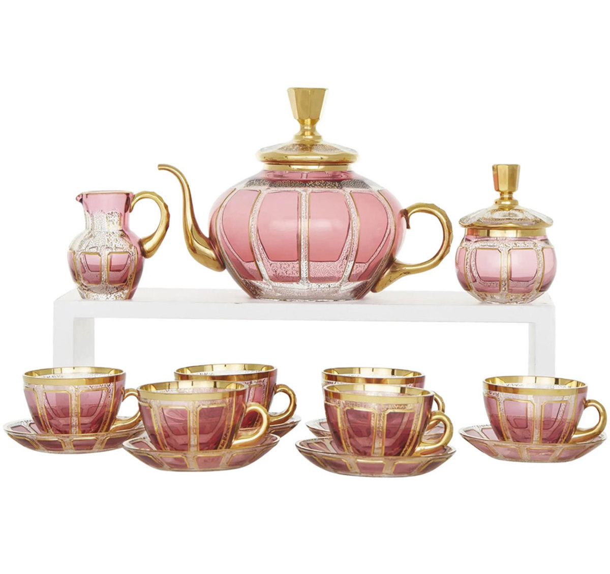 Perfect for serving after-dinner coffee or tea: a Moser pink paneled and gilt-gold glass service for six: $8,900. 