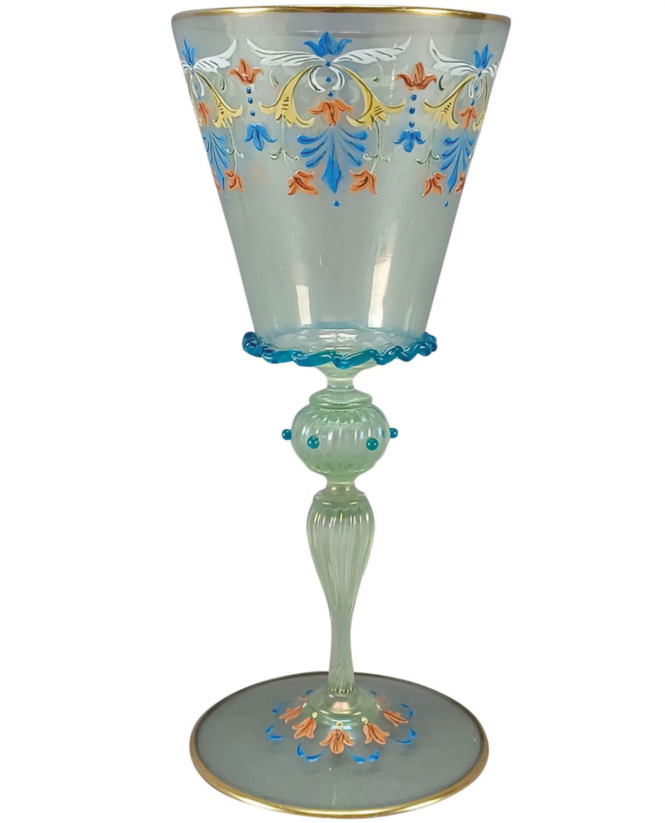 Who says water doesn’t deserve a fancy glass? This Venetian-enameled floral and gold iridescent green water goblet is a Salviati creation, late 19th century: $195 each. 