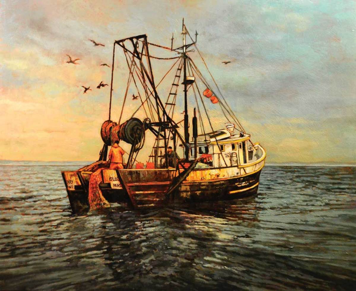 "Captain's Feast" (Fishing vessel, Gloucester, Massachusetts), 16 x 20", oil painting, Adrew Houle. 