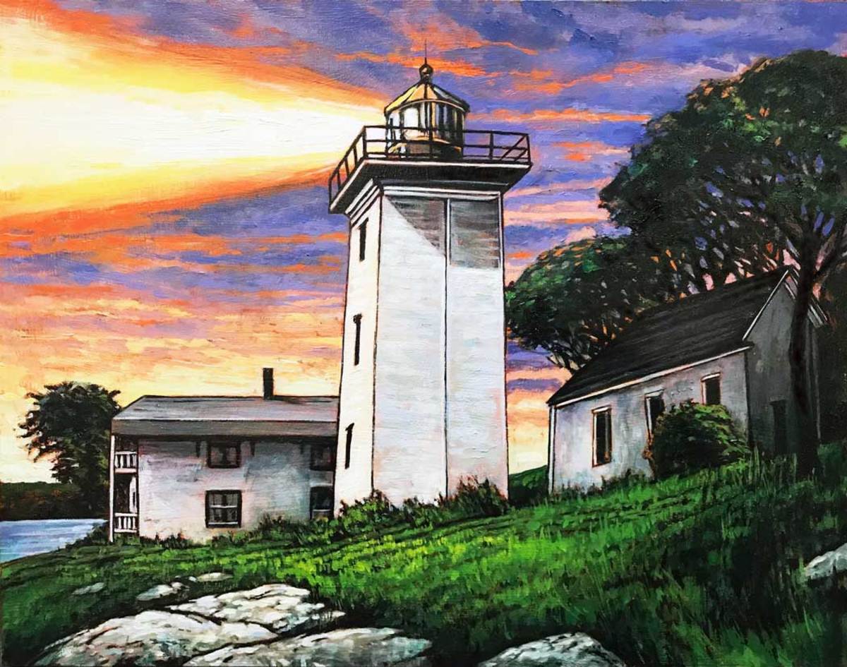 "Beacon of Light" (Hospital Point Lighthouse, Beverly, Massachusetts), 11 X 14" oil painting, Andrew Houle.