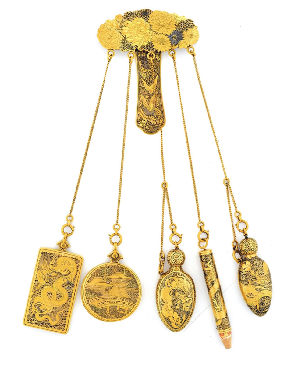 A Victorian chatelaine by Shakuda includes a writing pad, pencil, mirror and two perfume bottles: $6,000.