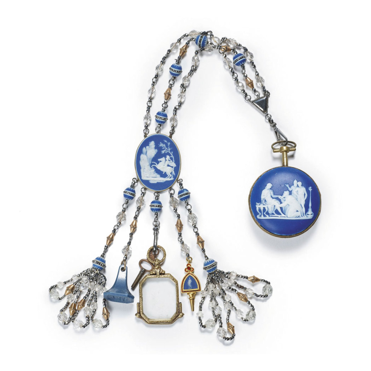 A Wedgwood blue-and-white Jasperware and steel-cut chatelaine, circa 1800, features a watch case and three chains of cut-steel, cut glass and jasper beads with various attachments, including clusters of glass beads, two keys and a seal; 16-1/2” l. This sold at auction for $2,250.